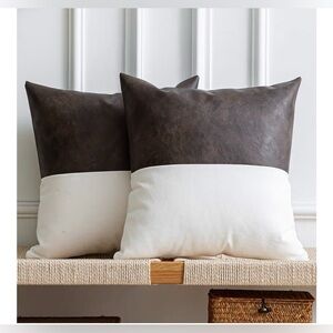 NEW Vegan Leather/Cotton Throw Pillow Covers Set of 2 18x18” Dark-Brown & Cream